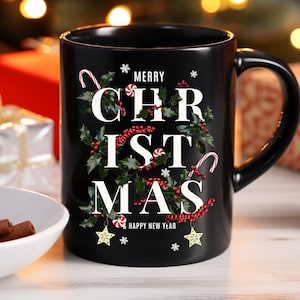 Merry Christmas Mug 15oz Happy New Year Black Ceramic Candy Cane Cool Trendy Holly Cup for Coffee Hot Chocolate Lovers Secret Santa Present