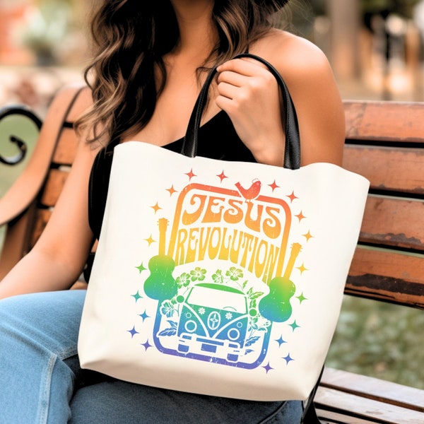 Jesus Revolution Handbag Faith Bible Distressed Trendy Christian Reusable Recyclable Shopping Bag Vintage 70s Gradient Rainbow Her Mom Women