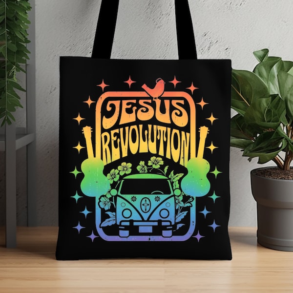 Black Jesus Revolution Handbag Faith Based Cool Trendy Christian Reusable Recyclable Shopping Bag Vintage 70s Gradient Rainbow Her Mom Women