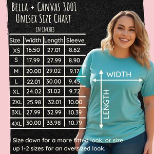 May include: A unisex size chart for Bella + Canvas 3001 t-shirts, showing measurements in inches for width, length, and sleeve length for sizes XS to 4XL.