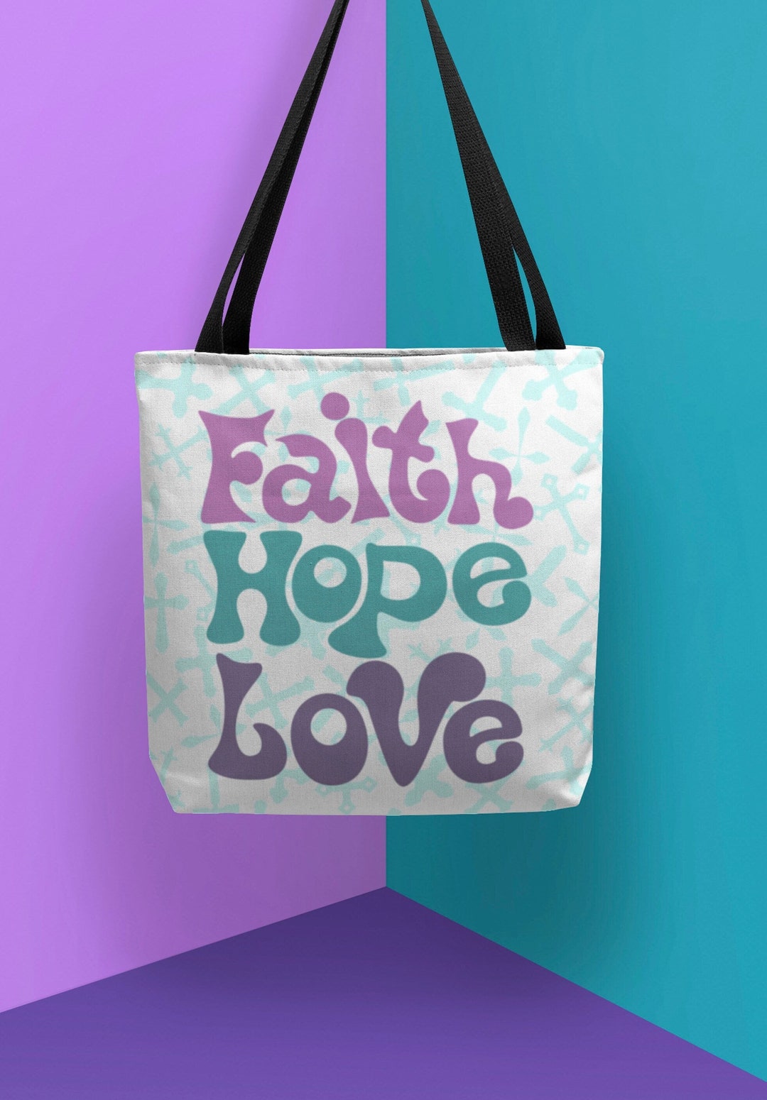 Faith Hope Love Based Tote Bag Black Handle Jesus Purse Christian