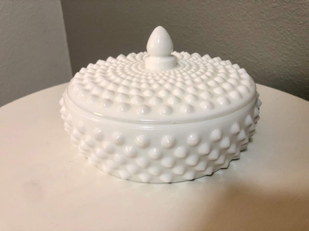 Vintage Fenton Milk Glass Hobnail Candy Powder Dish W/ Lid Etsy