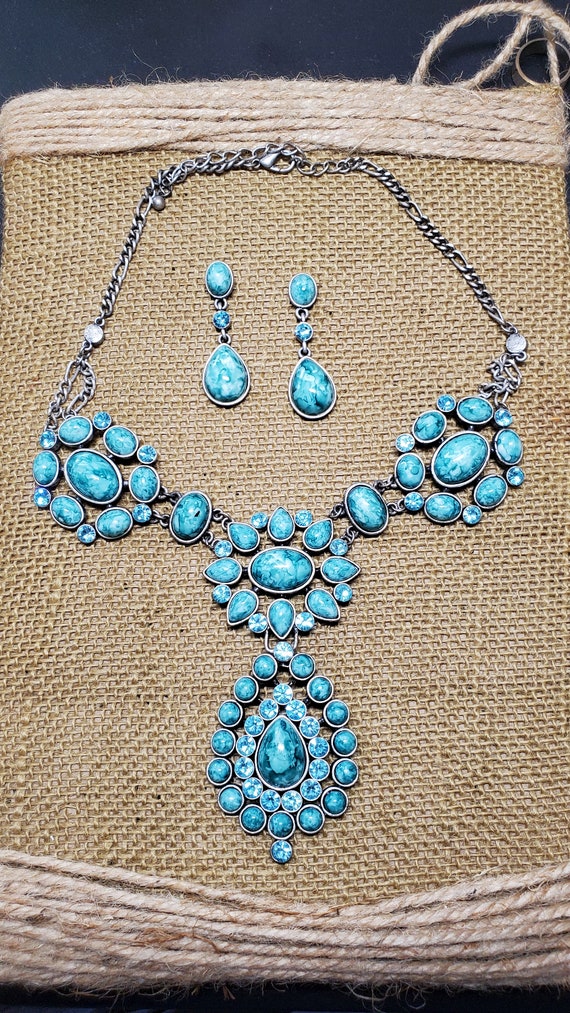Vintage Turquoise and Rhinestone Necklace and Ear… - image 2