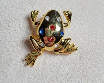 Vintage Rhinestone Frog Gold-Tone Brooch - Red, White and Blue