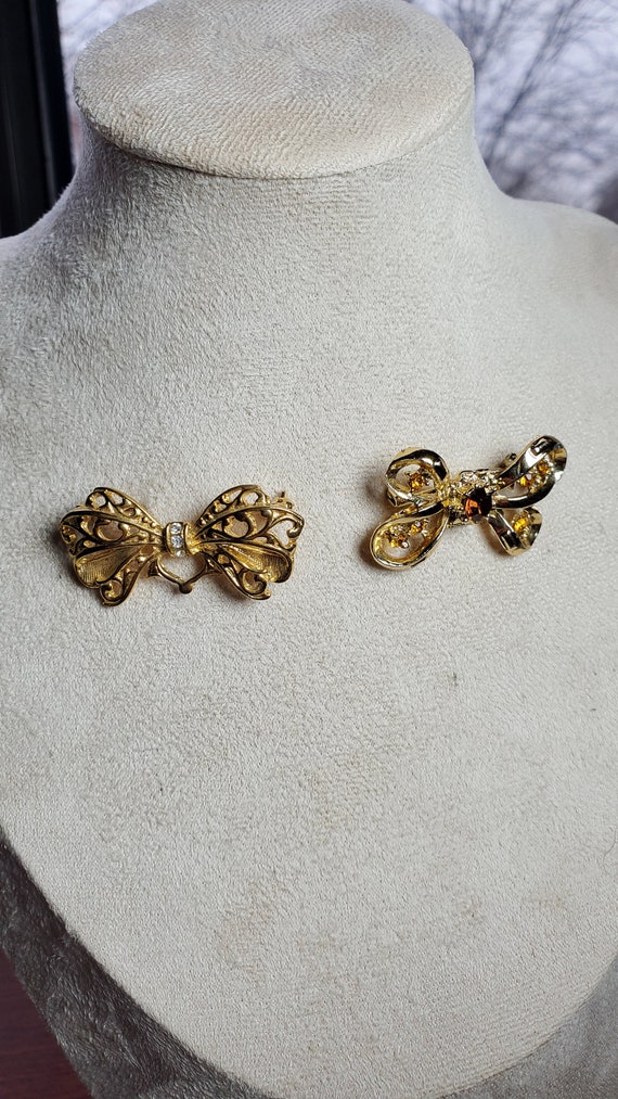 Vintage Gold-Tone Bow Brooches (Rhinestones & Poss