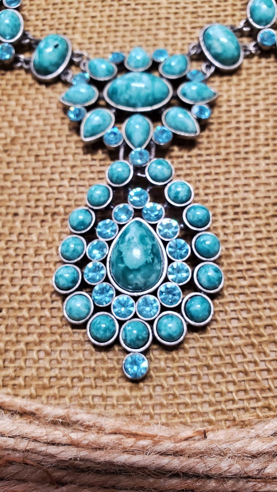 Vintage Turquoise and Rhinestone Necklace and Ear… - image 1