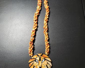 Vintage Lee Sands Inlaid Shell Iconic Lion Face Inlay Statement Necklace