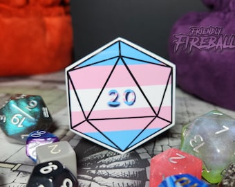 Unique Critical Hit D20 Sticker with Trans Pride Colors | Perfect for Table Top LGBTQ+ Gamers & Allies
