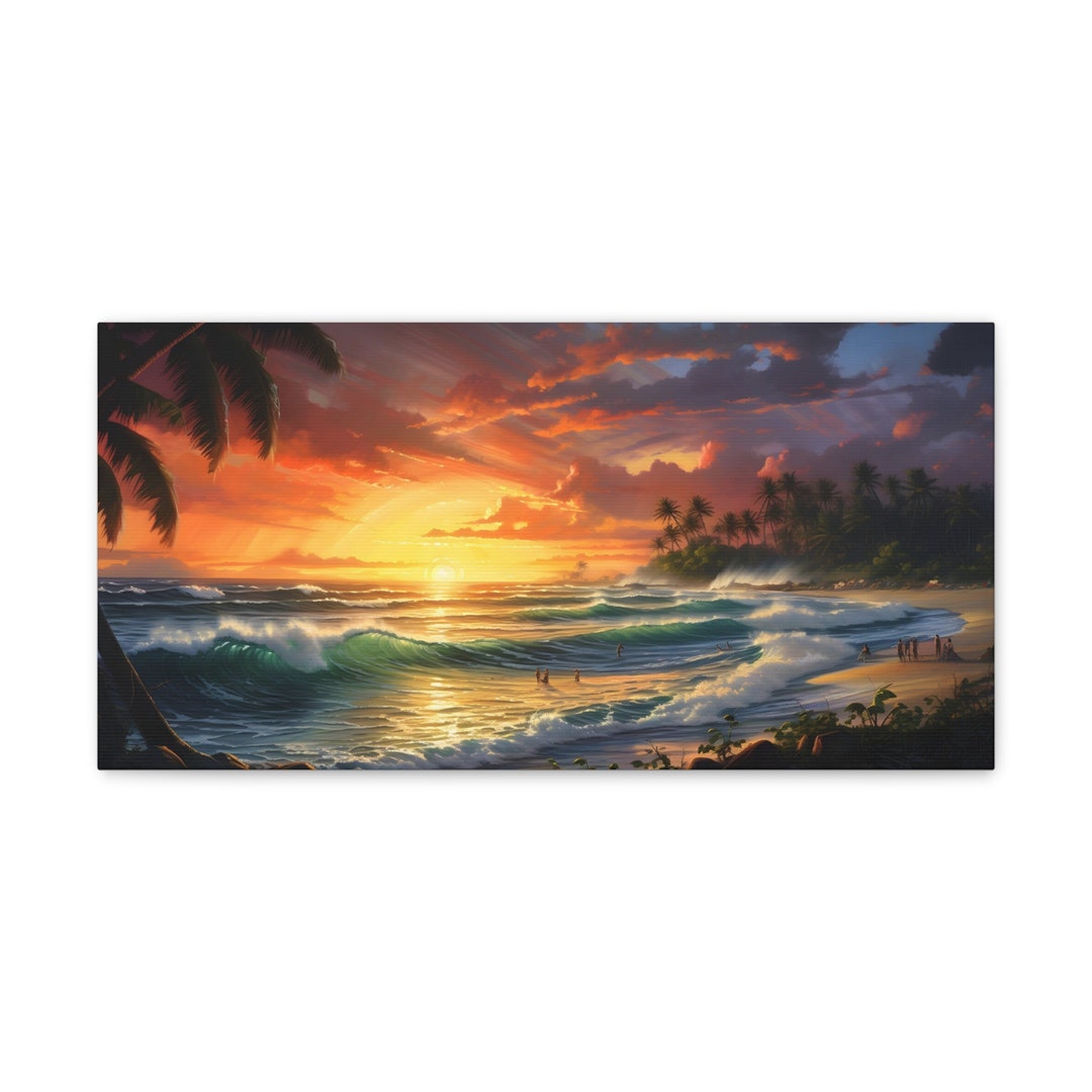 Beautiful Sunset on Beach With Waves Wall Art Canvas Gallery Wraps - Etsy