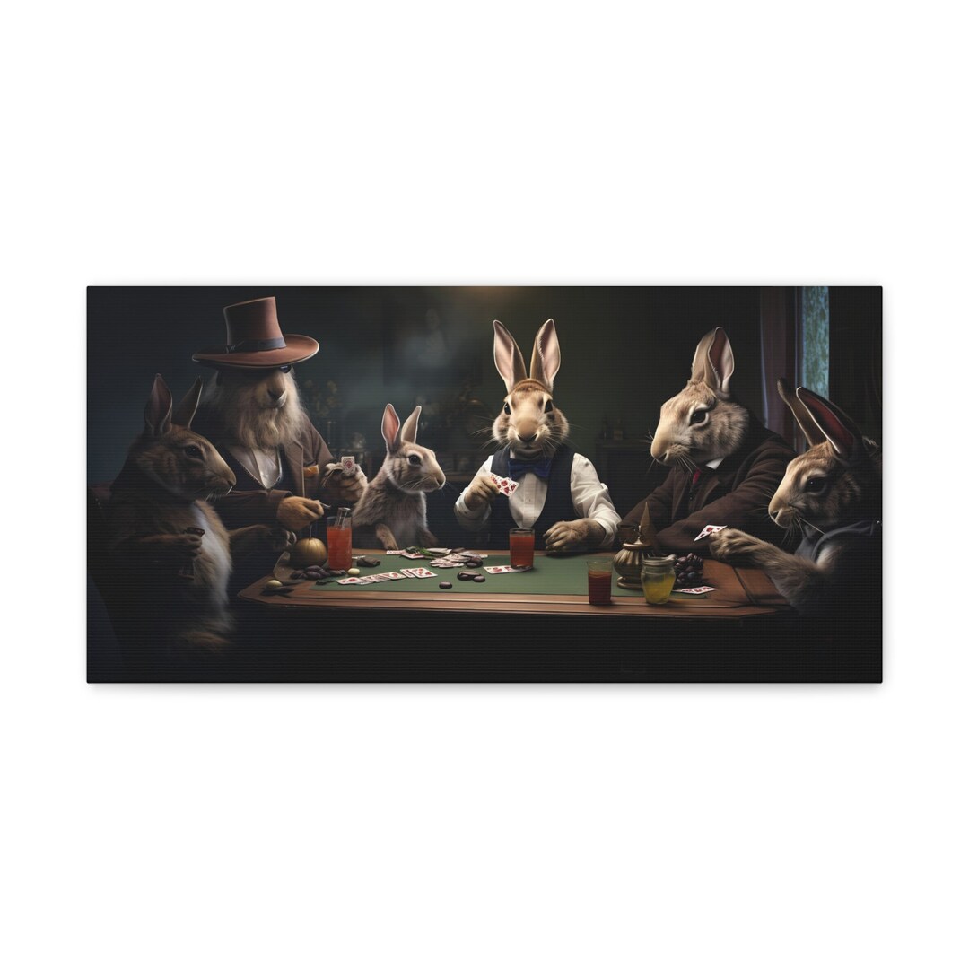 Realistic Rabbits Playing Poker Cards Smoking and Drinking Wall Art