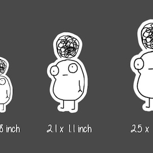 May include: Three black and white line drawings of a cartoon character with a messy bun on their head. The character is standing with their arms at their sides. The drawings are different sizes, with the smallest being 1.65 x 0.8 inches, the middle being 2.1 x 1.1 inches, and the largest being 2.5 x 1.3 inches.