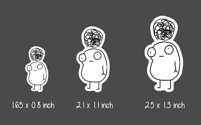 May include: Three black and white line drawings of a cartoon character with a messy bun on their head. The character is standing with their arms at their sides. The drawings are different sizes, with the smallest being 1.65 x 0.8 inches, the middle being 2.1 x 1.1 inches, and the largest being 2.5 x 1.3 inches.
