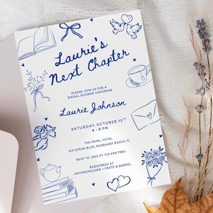 May include: White invitation with blue hand-drawn illustrations and text. The invitation reads "Laurie's Next Chapter" and includes details for a bridal shower honoring Laurie Johnson. Decorative elements include doves, flowers, and hearts.