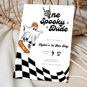 May include: White invitation card featuring a cartoon ghost on a skateboard, wearing an orange beanie. The text reads "One Spooky Dude" and "Ryder's 1st Boo Day". Includes a black and white checkered pattern.