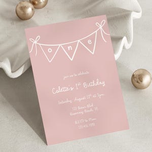Coquette Bow 1st Birthday Invitation, Coquette Pink Girly Bow First Birthday Party Invite DIY Editable Template, Canva