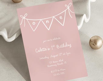 Coquette Bow 1st Birthday Invitation, Coquette Pink Girly Bow First Birthday Party Invite DIY Editable Template, Canva