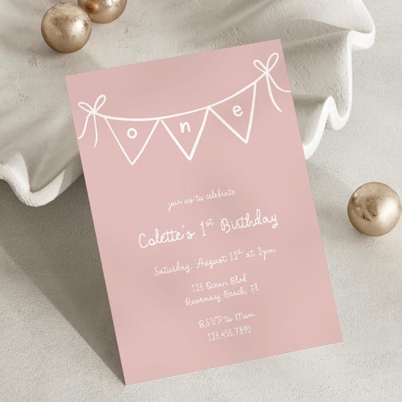 Coquette Bow 1st Birthday Invitation, Coquette Pink Girly Bow First Birthday Party Invite DIY Editable Template, Canva