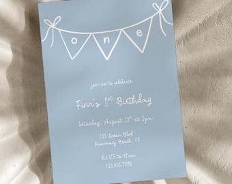 First Birthday Boy Invitation Template, Coquette Bow 1st Birthday Invite, Blue First Birthday Party Invitation, DIY Editable Template Canva