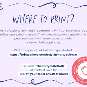 May include: A light purple graphic with the text "WHERE TO PRINT?" and information about Prints of Love. Includes a link to their website and a discount code for 10% off orders over &pound;49.