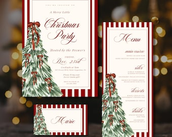 Peut inclure: Ensemble de faire-part de Noël avec un motif d'arbre de Noël à l'aquarelle. L'invitation, le menu et le carton de table présentent une bordure à rayures rouges et blanches. L'invitation indique "A Merry Little Christmas Party".
