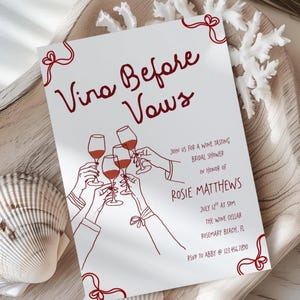 Vino Before Vows Bridal Shower Invite, Hand Drawn Bachelorette Invite, Bridal Shower Wine Burgundy, Editable Bridal Shower Template Canva image 1