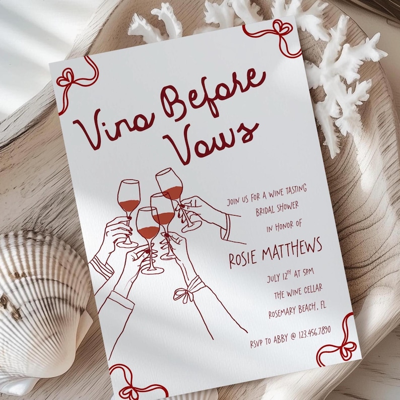 Vino Before Vows Bridal Shower Invite, Hand Drawn Bachelorette Invite, Bridal Shower Wine Burgundy, Editable Bridal Shower Template Canva image 1