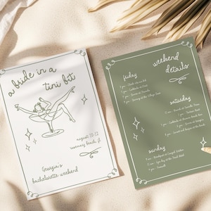 Braut in einem Tini Bit Bachelorette Wochenende Reiseplan, Einladungsvorlage, Handgezeichnete, wunderliche Einladung, Tini Bit verlobt, Tini Bit Näher Canva