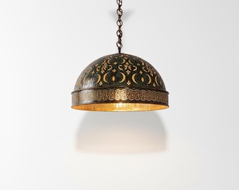 Lámpara colgante marroquí con forma de cúpula pintada a mano / Lámpara de techo arabesca de latón antiguo