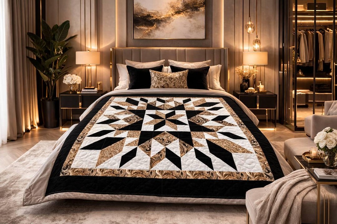 Luxury Star Quilt Pattern PDF – Modern Black White & Gold Geometric ...