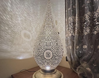Handmade Moroccan Brass Table Lamp | Vintage Bedside Lighting, Art Deco Bohemian Lantern Decor