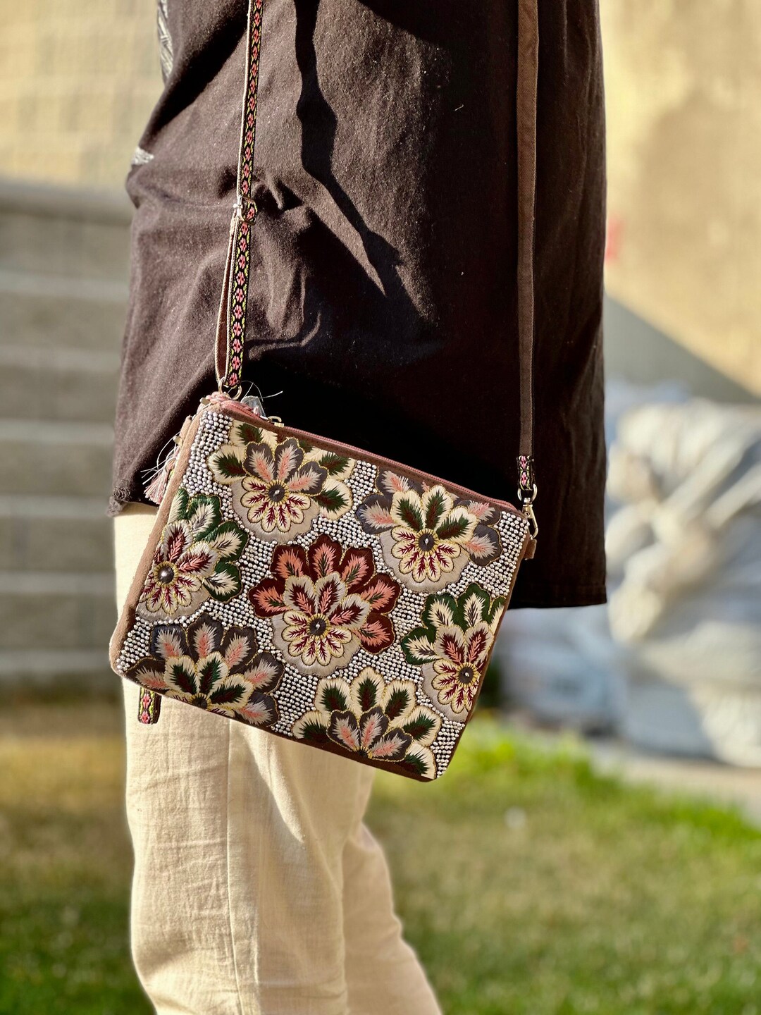 Floret black hand painted sling bag main image 0