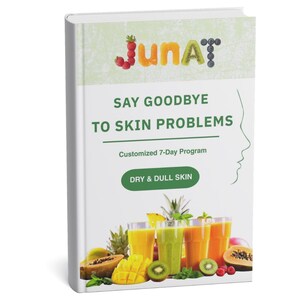 Peut inclure: Une couverture de livre avec le mot "JunAT" en lettres de fruits colorées. Le texte de la couverture indique "SAY GOODBYE TO SKIN PROBLEMS" et "Customized 7-Day Program". Le bas présente des fruits et des verres de jus, avec les mots "DRY & DULL SKIN".