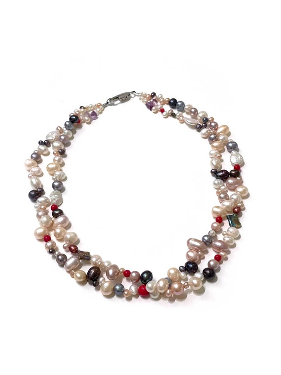 Vintage Pearl Necklace Multi Color Two Layers 20"