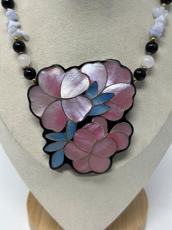 Vtg Lee Sands Inlay Pink Flower Necklace Mother O… - image 7