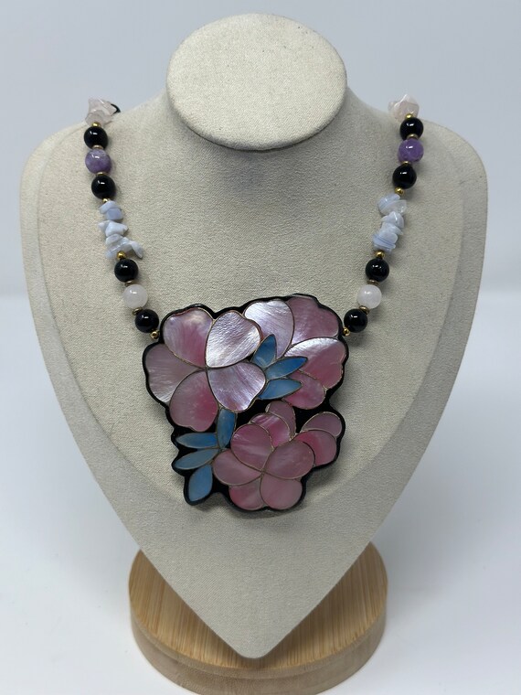 Vtg Lee Sands Inlay Pink Flower Necklace Mother O… - image 6