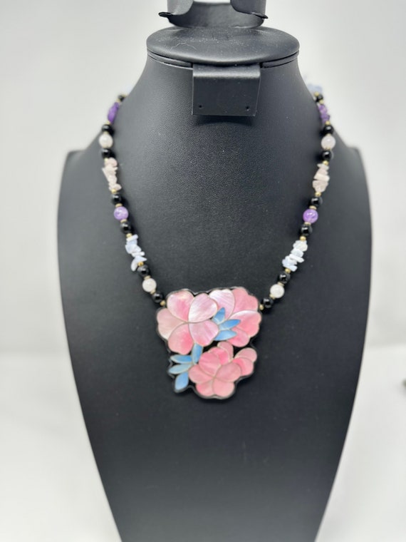 Vtg Lee Sands Inlay Pink Flower Necklace Mother O… - image 2