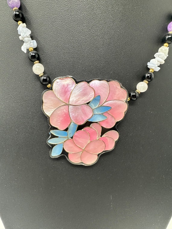 Vtg Lee Sands Inlay Pink Flower Necklace Mother Of