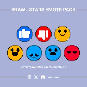 May include: A set of eight pixelated emoticons for the mobile game Brawl Stars. The emoticons include a thumbs up, thumbs down, a smiley face, a sad face, a surprised face, an angry face, and two other emoticons. The emoticons are in different colors, including blue, red, yellow, and green.