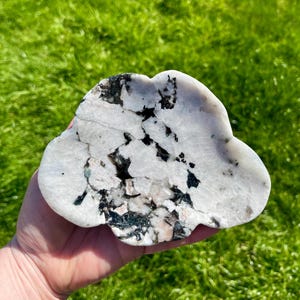 May include: A cloud-shaped, polished stone with a white base, black veining, and hints of pink and green. The stone is held in a hand against a backdrop of green grass, showcasing its natural beauty and unique pattern.