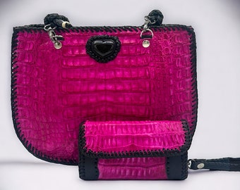 Alligator Leather Obsidian Heart Bag in Fuschia, Large Half Moon Purse, Alligator purse, Whipstitch Handmade Purse