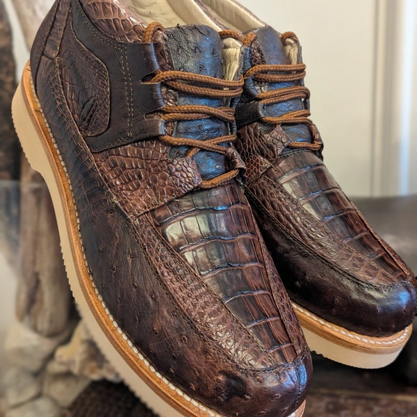 Men's Coffee Brown Alligator Ostrich Sneaker Boots, Alligator Leather, Ostrich Leather #alligator #alligatorleather