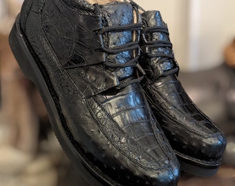 Men's Black Obsidian Alligator Ostrich Sneaker Boots, Ostrich Boots, Alligator Boots, Handmade Boots #alligator #alligatorleather