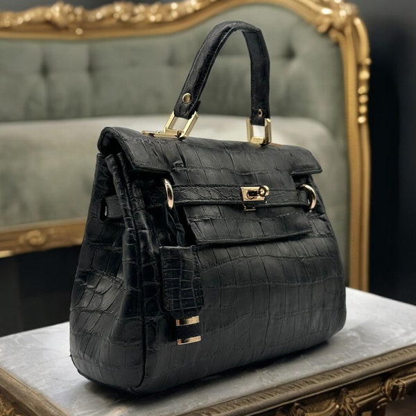 Vintage Black Kelly 28  Style Flap Handbag made from Alligator Leather, Luxury Handbag, Luxury Handmade Purse