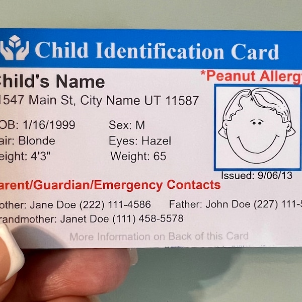Custom Child ID Card w/ Emergency Medical Info, PVC ID Card
