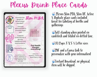 Plexus Drink Place Card - Slim MBA, Slim HC, Active & Hydrate, PDF and Customize w/ Canva, Plexus Swag