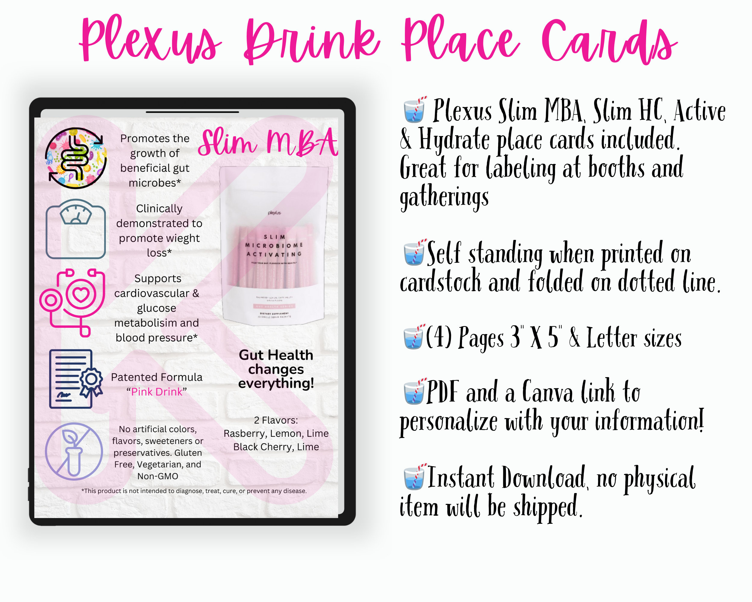 Plexus Drink Place Card - Slim MBA, Slim HC, Active & Hydrate, PDF and Customize w/ Canva, Plexus Swag