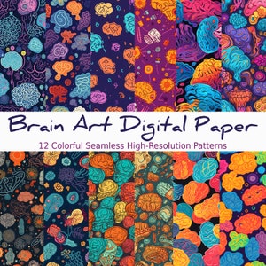 Bright Brain Art Digital Paper / Modelli di cervello senza soluzione di continuità / 12 disegni - 4096 x 4096 pixel / 300 DPI ad alta risoluzione
