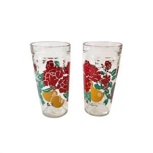 Vintage Hazel Atlas Flowers and Fruit Tumblers Glassware Set of 2