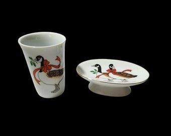 Christmas Goose Vintage Vanity Bathroom Set Geese Tumbler and Soap Dish