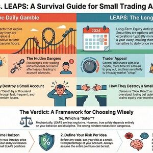 Puede incluir: Infografía que compara las estrategias de trading ODTE y LEAPS, con representaciones visuales de riesgos y recompensas. Incluye texto, gráficos e iconos para ilustrar conceptos clave para pequeñas cuentas de trading. El título es "ODTE vs. LEAPS: A Survival Guide for Small Trading Accounts."